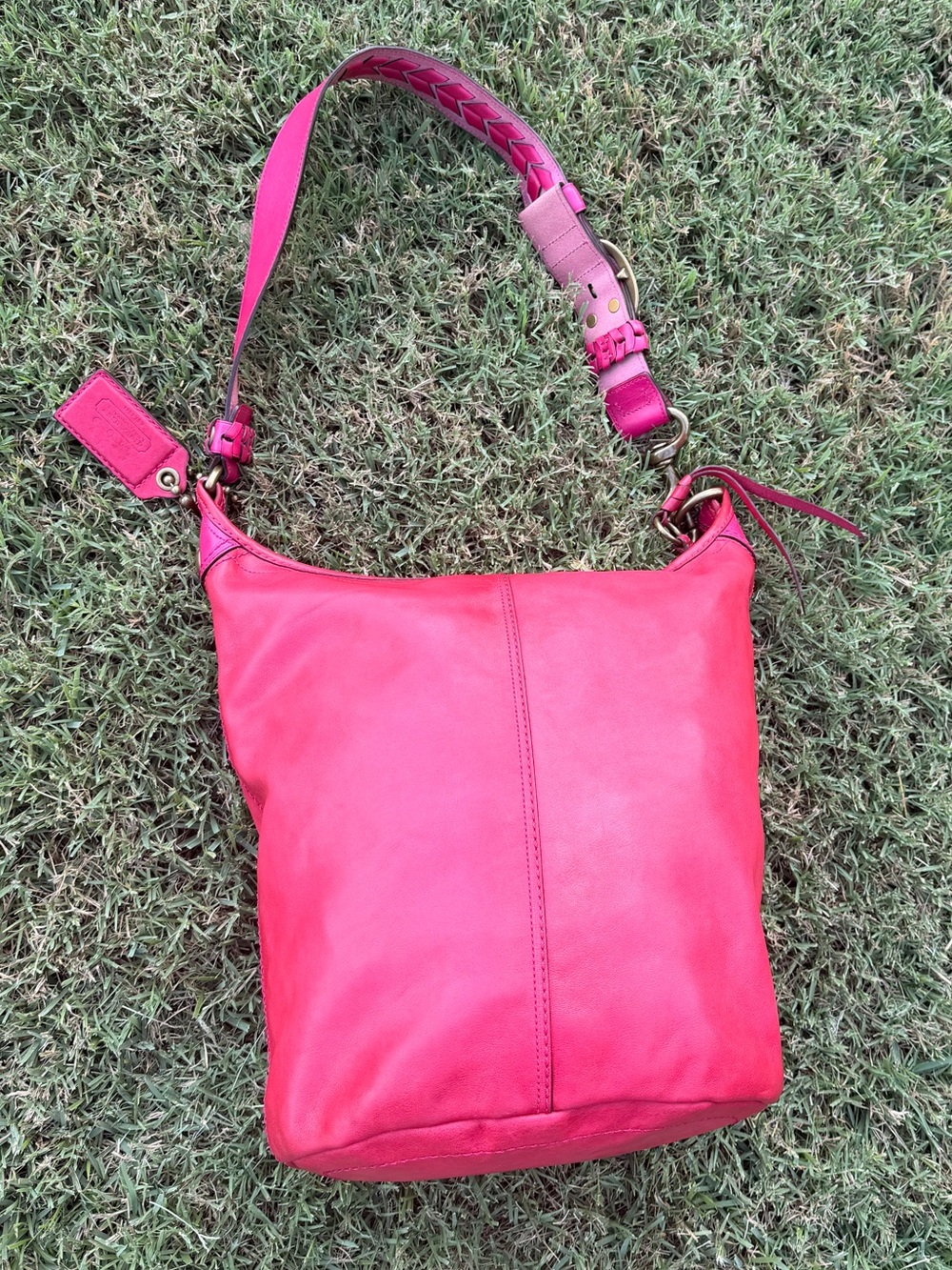 Vintage Y2K Coach #11423 Bleecker Tattersall Large Hot Pink Bucket Bag with - Picture 7 of 16